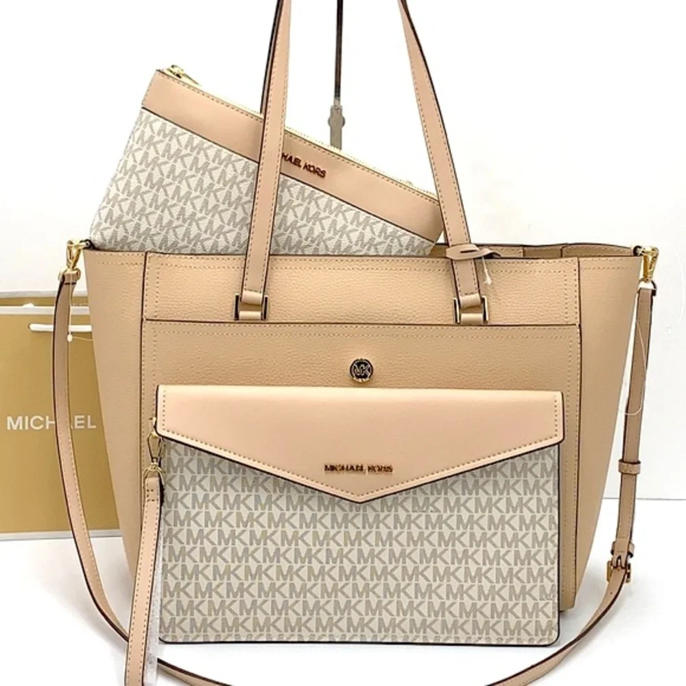 MICHAEL KORS Maisie Large Pebbled Leather 3-in-1 Tote Bag Buff Multi Sig…